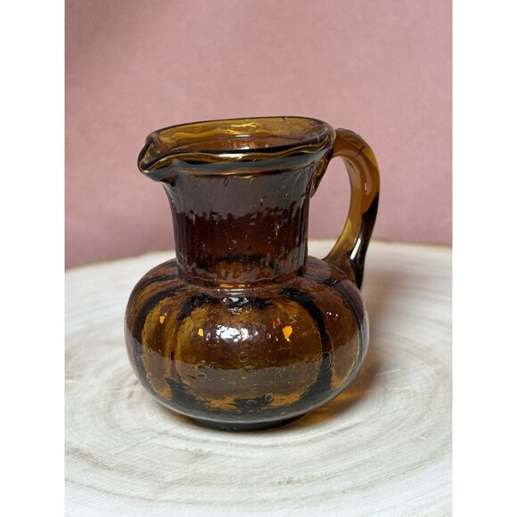 Unmarked Other - Vintage Amber Art Glass Mini Pitcher Hand Blown MCM Swirl Creamer